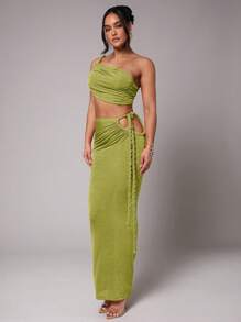 Silquee Women's Sleeveless Braid Ruffle Asymmetrical Hem Tank Top, Suitable For Commute, Daily Wear, Vacation, Beach, Bikini Cover-Up, Night Out, Sisterhood Gathering, Beach Party, Pool Party, Spring/Summer Green One Shoulder Top One Shoulder Tops Green Top - Olive Green - View 6