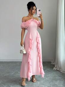 Elenzga Spaghetti Strap Cold-Shoulder Ruffle Hem Waisted Elegant Romantic Women Dress