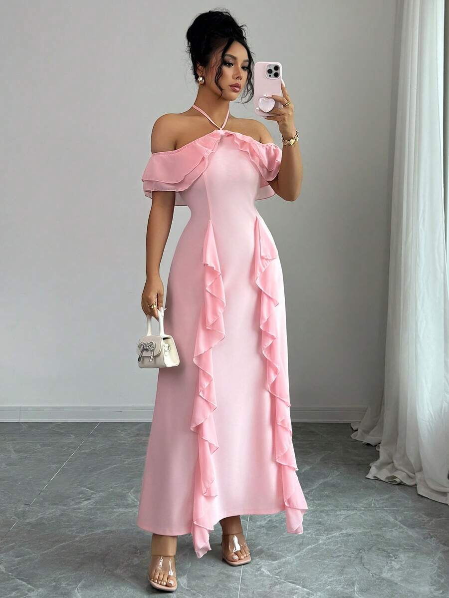 Elenzga Spaghetti Strap Cold-Shoulder Ruffle Hem Waisted Elegant Romantic Women Dress