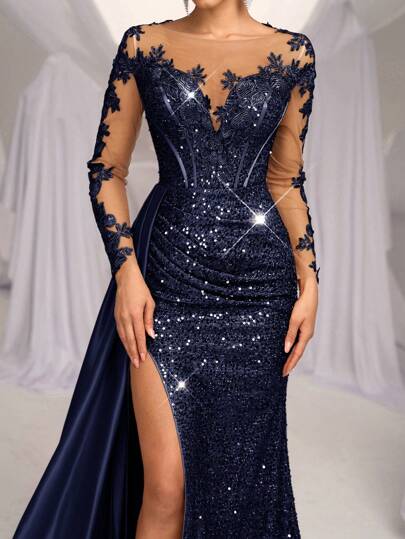 Glamrae 优雅奢华刺绣亮片蕾丝缎面褶皱高开衩鱼尾长裙，带拖尾，适合婚礼、派对、约会、舞会、宴会（装饰繁复）、情人节等场合。