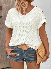 SHEIN VCAY CURVE 大码女式 V 领短袖翻领纽扣肩拼色 T 恤，春夏季休闲装 - 米色 - 查看 4