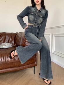 DAZY 2 Stücke Damen Retro Gewaschen Denim Jacke & Weite Hose Set, Lässiger Loose Streetwear Outfit, Herbst/Frühling, Damen Kleidung