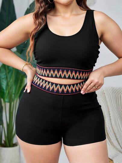 Swim Lushoire Conjunto de traje de baño de mujer talla grande con top corto de cuello redondo de unicolor a juego con short de cintura alta, sexy, elegante y casual para playa y vacaciones