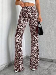 EURMUSE Women's Casual High Waist Flare Printed Pants - Brown - View 3