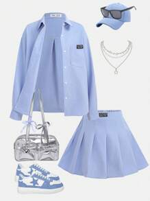 Tween Girl Casual Solid Color Polo Collar Crop Top & Pleated Skirt Co-Ord Set - Blue - View 1