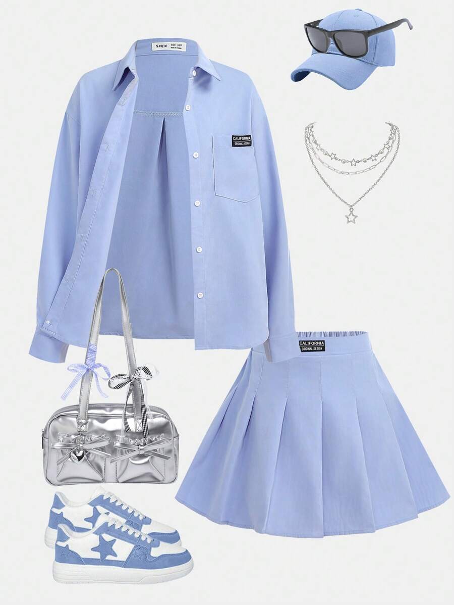 Tween Girl Casual Solid Color Polo Collar Crop Top & Pleated Skirt Co-Ord Set - Blue - View 1