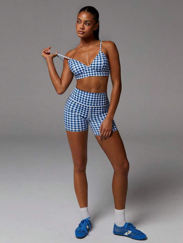 Athîral 2pcs Women Casual Sports Plaid Print Bra And Shorts Set