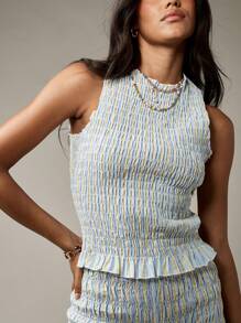 MISSGUIDED 无袖褶饰背心夏季荷叶边下摆短款上衣褶皱纹理高领休闲日间春季时尚 - 黃色 - 查看 1