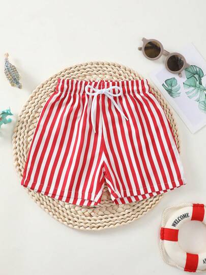 SHEIN Playful Pals Baby Boy Striped Waist Tie Casual Beach Swim Trunks Toddler Striped Shorts Baby Striped Shorts Baby Boy Striped Shorts Shorts For 1 Year Old Baby Red Shorts