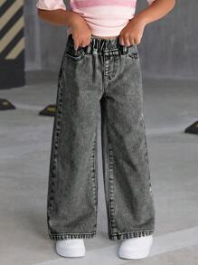 SHEIN Sparklyn 女童百搭时尚染蓝色直筒牛仔裤