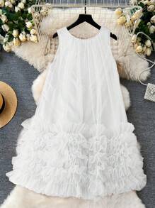 Celure Plus Size Women Elegant Flowy Loose Casual Round Neck Sleeveless Mesh Ruffle Dress, Spring Dress, Beach Outfit For Women - Beige - View 2