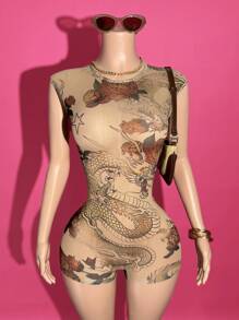 Slaydiva 2025-Summer New Casual Street Music Festival Shopping Sexy Backless Pattern Women's Mesh Skinny Jumpsuit,Street, Party, Travel, Graduation Outfit, Brunch Outfit, Back To School, Sexy, Hot Girl Dragon Print Romper Tattoo Print Romper