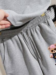 INAWLY 2 件女式休闲插肩袖熊印花宽松 T 恤套装 - 灰色 - 查看 5