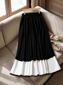Regalyn Plus Size Women's Button Design Black & White Contrast Color Elegant High-Quality Black Button Patchwork Elegant Party & Outdoor Slim Fit Skirt, Business Casual Summer Women Clothing
