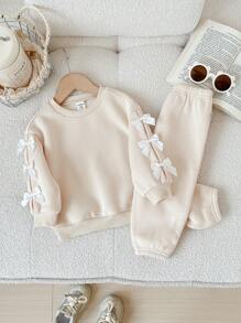 SHEIN LMoss Kids Conjunto de moletom manga comprida com laço de damasco e calça comprida com cós elástico para bebê, outono/inverno