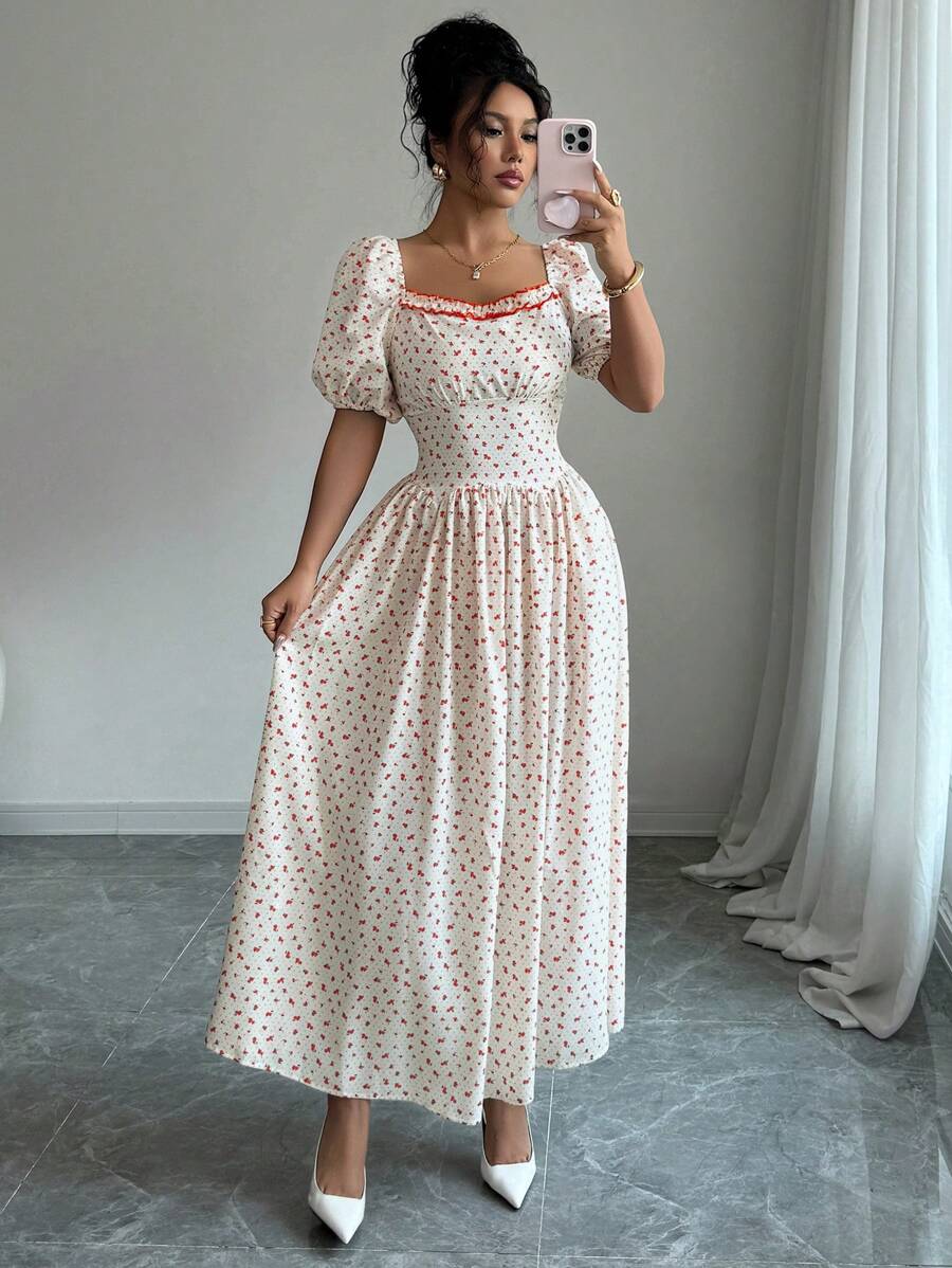 Modelyn French Style Square Neck Puff Sleeve Slimming Chic Women Dress, Summer - Apricot - View 1