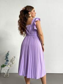 SHEIN Privé Plus Size Elegant And Intellectual Commuting Ruffled Short Sleeve Dress With Pleated Hem, Wedding Guest Dress - Mauve Purple - View 2