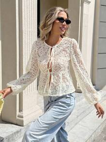 2026 Blusa de manga larga con mangas de farol, cuello redondo, bordado frontal y lazo, para mujer, estilo casual de vacaciones, para otoño e invierno, elegante, para salir, para oficina, para brunch, para Halloween, para homecoming - Albaricoque - Ver 2