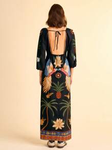 CAJUNI Women's Boho Style Black Background Parrot, Pineapple, Coconut Tree And Tropical Floral Print V-Neck Long Sleeve Hollow Drop & Criss-Cross Back Vacation Maxi Dress