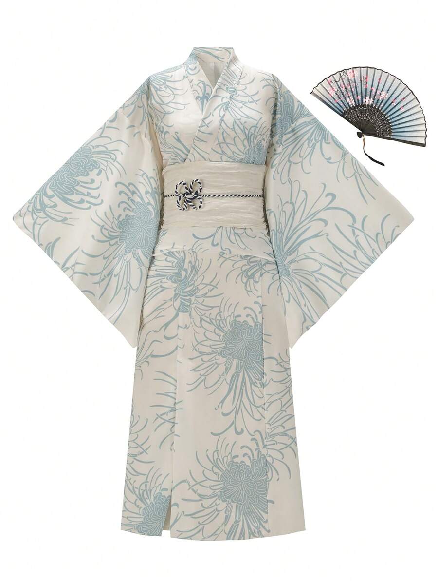 Irokai 花卉印花系腰和服 - 藍色 - 查看 1