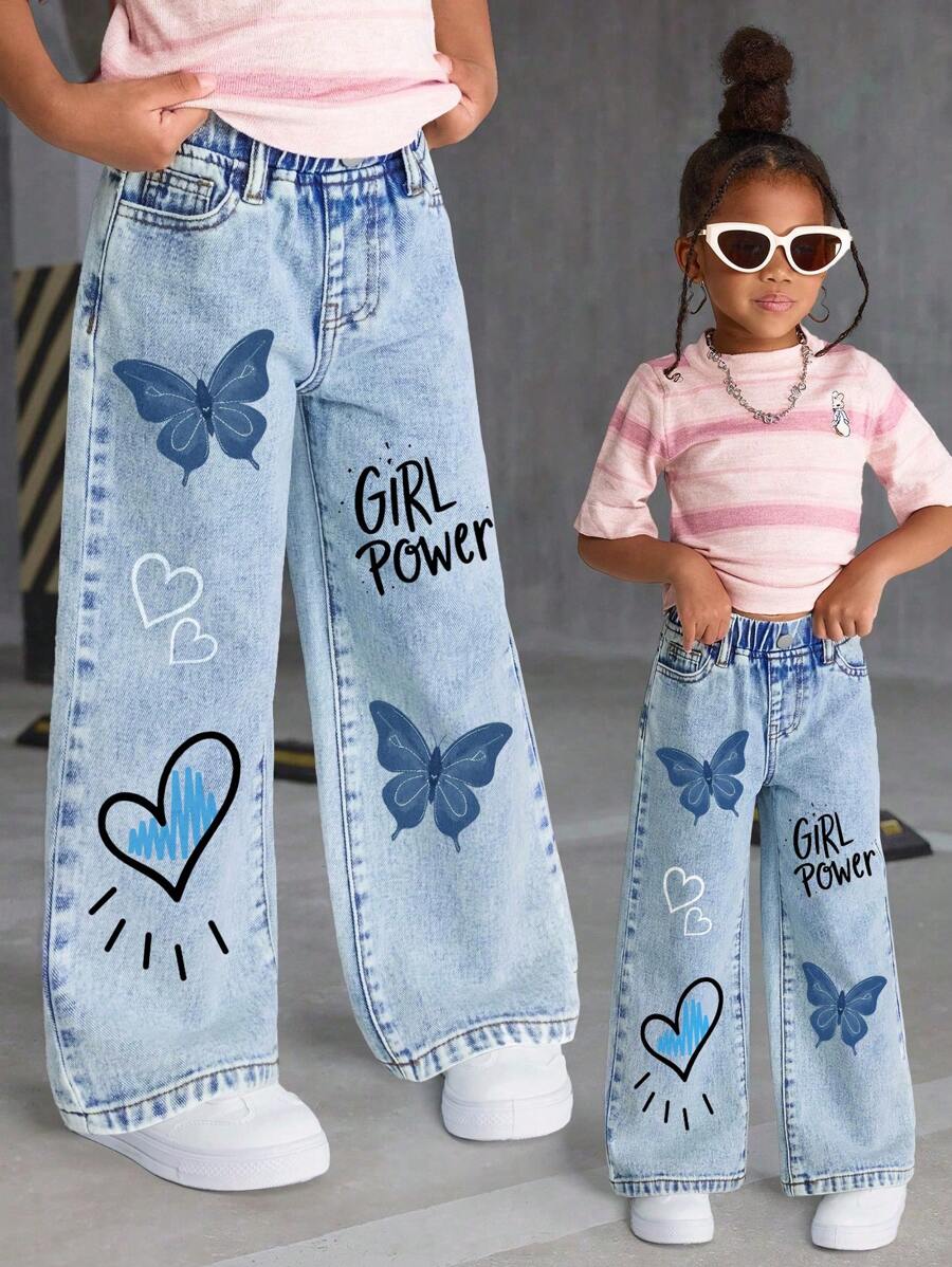 SHEIN Girls' Versatile Fashion Mottled Casual Blue Straight Leg Jeans Fall Winter - Blue - View 1