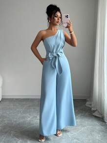 Elenzga 女式夏季优雅纯色系腰连体衣 - 藍色 - 查看 4