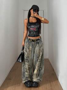 StreetHx Letnia moda damska w stylu rock and rolla, ciemny nadruk, punkowa odzież uliczna, koszulki z grafiką - Czarne - Zobacz 2