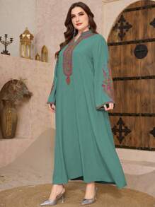 Al Najma Plus Size Embroidered Notched Neck Arabic Style Dress For Women, Plus Size Kaftan & Jalabiya,Modest - Green - View 6