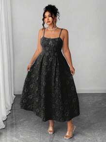 Elenzga Plus Size Women U-Neck Solid Color Blue Jacquard Textured Fabric Evening Gown, A-Line Silhouette, European & American High-End Party Dress, Cinched Waist, Flowy Skirt, Elegant Maxi Dress - Black - View 1