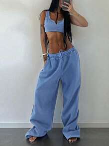 INAWLY 2 pezzi/set top corto senza maniche a scollo a V e pantaloni della tuta per donna, colore unito