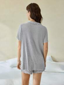 Ocili Leisure Soft Ribbed Cotton Splice Ruffled Trim Short Sleeve & Shorts Pajama Set For Women