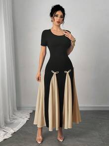 Modelyn Elegant & Romantic Bowknot Design Contrast Panel Long Sleeve Dress For Women, Spring/Summer