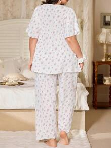 CottageSlumber Plus Size Women's Romantic Ditsy Floral Sweetheart Neck Bell Sleeve Long Pants Pajama Set ,Vacation