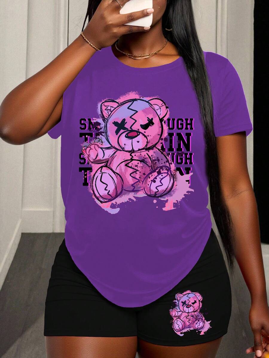 BamGleam 女士常规 T 恤套装休闲、舒适、圆领、短袖、时尚街头服饰图案印花服装