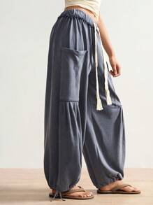 Bohemela Plus Size Drawstring Waist Loose Pocket Wide Leg Pants - Dark Grey - View 5