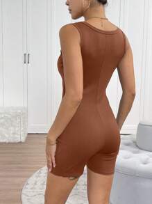 SHEIN Essnce Plus Size Women Solid Color Form-Fitting Sleeveless Jumpsuit - Brown - View 2