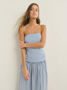 Nöista Vestido largo con hombros descubiertos y rayas, top fruncido, estilo veraniego, falda suelta casual para uso diario