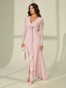 SHEIN Tall Nuevo vestido elegante con volantes, lazo decorativo, flores 3D, y escote profundo en V de malla sexy - Rosa - Ver 7