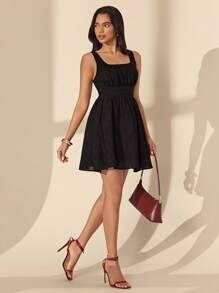 Almamuse Women Casual Lace Texture Short Sleeveless Dress - Black - View 5