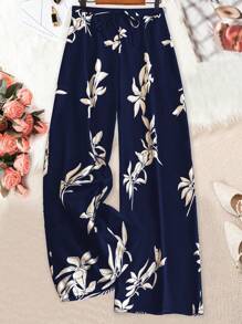 SHEIN JORESS 大码女式度假风全印花系带松紧腰宽松阔腿裤 - 藏蓝色 - 查看 3