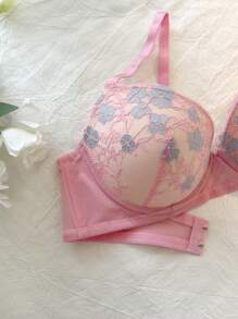 DelicateAllure Floral Lace Trim Underwire 3/4 Cup Bra, Padded Lift And Support, Romantic French Style For Women