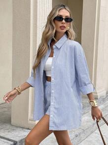 Serisse 女款時尚垂直條紋襯衫和短褲套裝 - 藍色 - 查看 4