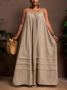 Veslaya Vestido holgado de color albaricoque con tirantes sin mangas, con bolsillos, dobladillo con volantes en capas, tela con textura tejida, vestido de talla grande - F, nueva colección Primavera/Verano 2025