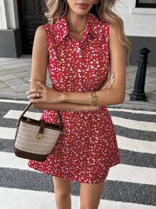 Pariaura 法式优雅梭织V领无袖修身夏季新款女士印花连衣裙 - 紅色 - 查看 3