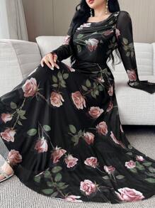 Feyla Women Elegant Full Floral Print Bell Sleeve Dress - Black - View 4
