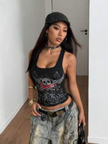 StreetHx Letnia moda damska w stylu rock and rolla, ciemny nadruk, punkowa odzież uliczna, koszulki z grafiką - Czarne - Zobacz 5