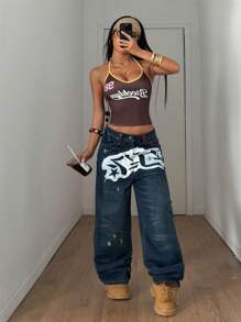 StreetHx Women Streetwear Casual Sports Letter & Graphic Print Slim Fit Camisole - Coffee Brown - View 3