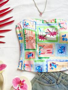 Soleia Women's Cozy Knitted Tube Top, Ocean Life & Beach Print, Suitable For Vacation Summer Summer Tube Top Tropical Top Summer Top - Multicolor - View 5