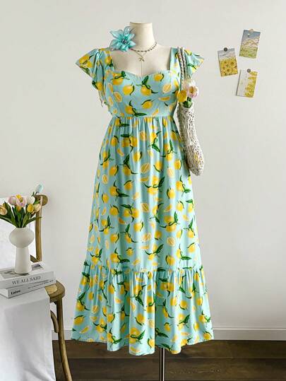 Dreamara Women Plus Size Fresh Lemon Print Cap Sleeve Cinched Waist A-Line Mid-Length Dress, Vacation Style, Spring Lemon Print Dress Summer Dress Long Sundress Long Spring Dress Love And Lemonade Dresses