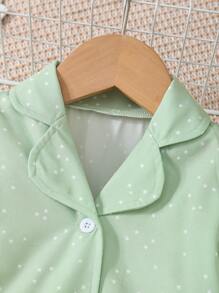 2 pièces Ensemble décontracté à la maison pour bébé fille, mignon, cardigan col à revers avec imprimé jacquard cœur et étoile et pantalon - Vert - Voir 4